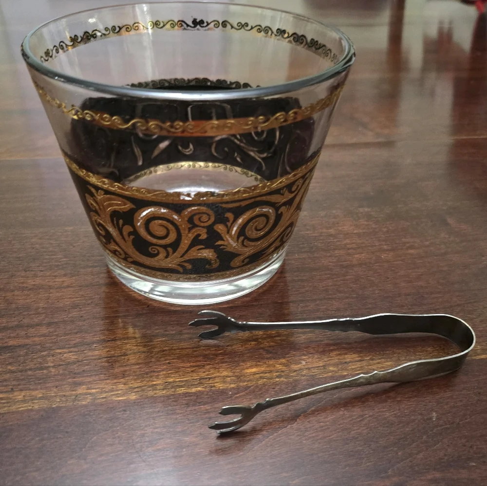 MCM Vintage Culver Ebony Gold Baroque Glass Ice Bucket W/Tongs 4 7/8